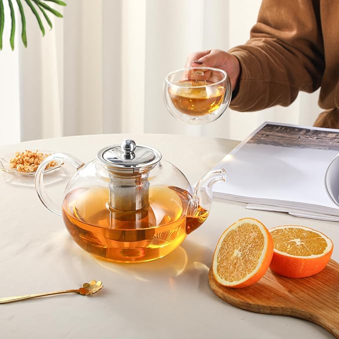 50OZ/1500ML Glass Teapot Set with 4 Double Wall Teacups & Removable Infuser, Stovetop & Microwave Safe Clear Tea Maker Water Kettle with 7OZ/200ML Tea Cups for Loose Leaf Blooming Tea