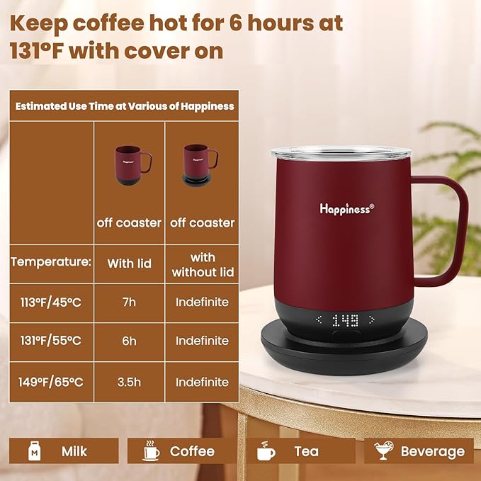 Happiness Smart Heated Coffee Mug,12oz Rechargeable Electric Self Heating Temperature Control Coffee Cup