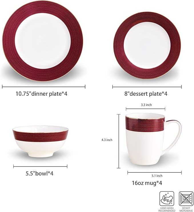 16-Piece Fine Bone China Dinnerware Set, Dinner Plates,Bowls and Mugs Set, Dishware Set for 4, With Selected Christmas Premium Red and Green pattern, White Embossed Spot Ornament and Gold Rim