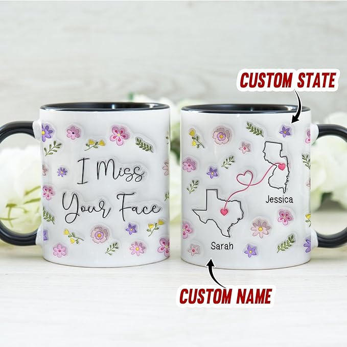 Personalized I Wish We Lived Closer Mug, I Miss Your Face Coffee Mug, Custom State To State Mugs With Name, Floral Decorations Mug Gift, Gifts For Friends, Gifts For Mother From Son Daughter