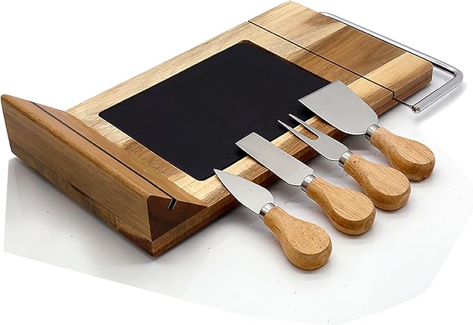 NutriChef Slicing Bamboo Cheese Board Platter - 4 Stainless Steel Knives and Magnet Holder - Modern Wood Snack Serving Tray w/ Stone Slate Slab - Slicer Blade for Cutting - NutriChef PKCZBD50
