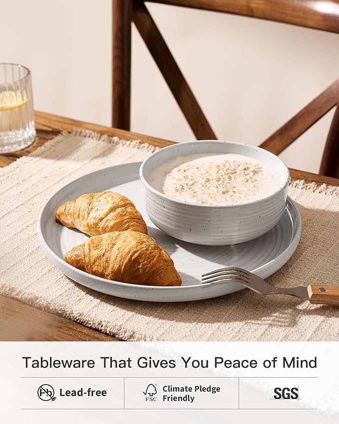 Stoneware Dinnerware Sets, Plate and Bowl Sets for 8, 24 Pieces Spiral Flared Dishware Set with Speckles & Reactive Glaze - Microwave and Dishwasher Safe Tableware, White