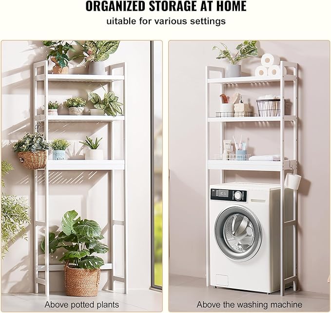 VEVOR Over The Toilet Storage, 3-Tier Adjustable Over Toilet Bathroom Organizer, Bamboo Storage Shelf Rack with 3 Hooks, Freestanding Easy Assembly Laundry Space Saver, Fit Most Toilets, White