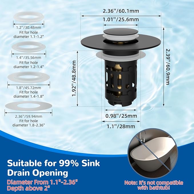 Hibbent 2 Pack 3 in 1 Bathroom Sink Drain Strainer, Universal Pop Up Stopper with Removable Stainless Steel Filter Basket Hair Catcher, Sink Plug for 1.1''~2.36'' Basin, Brass Bullet Core, Matte Black