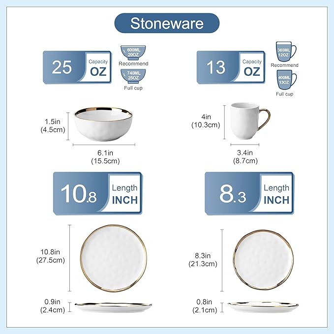 LOVECASA 16 Pieces Plates and Bowls Sets, Porcelain White and Gold Dinnerware Sets, Round Dinner Plates Dishes Set Service for 4, Dishwasher Safe and Scratch Resistant, White