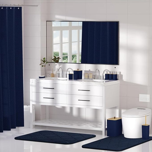 Bathroom Accessory Set - Navy Blue Bathroom Set, 27PC Bathroom Accessories Set, Bathroom Sets with Shower Curtain and Rugs, Mini Trash Can, Toilet Brush, Trash Can & Soap Dispenser