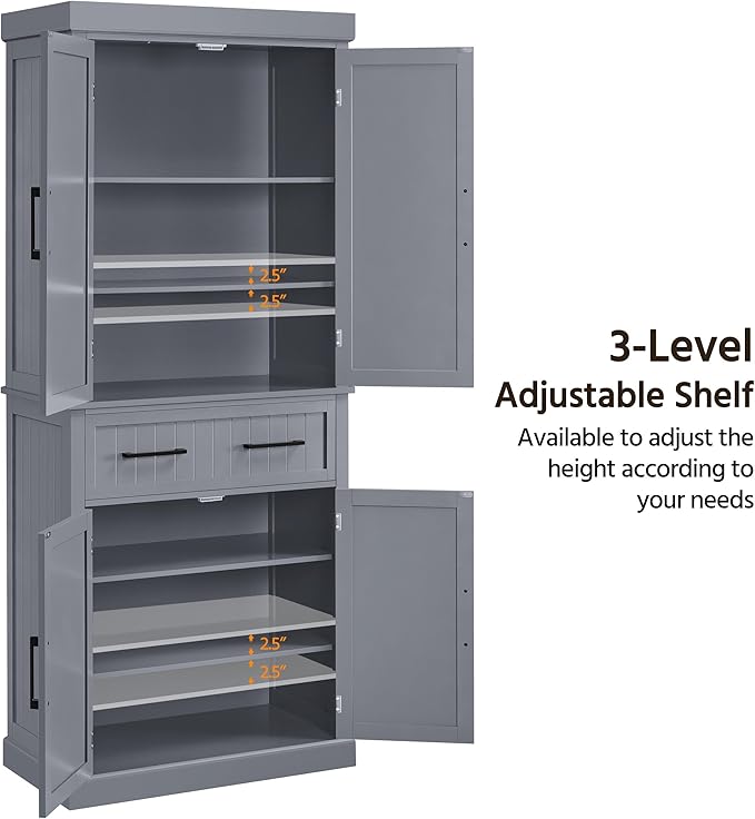 Yaheetech Kitchen Pantry Storage Cabinet with Drawer, 72.5" H Cupboard Pantry Cabinets with Adjustable Shelves and Barn Doors for Dining Room/Living Room, Dark Gray