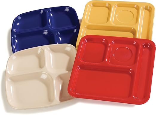 Carlisle FoodService Products Essential Plastic Meal Tray with 4-Compartments for Schools, Cafeterias, and Dining Halls, Melamine, 10.5 x 9.5 Inches, Café Blue