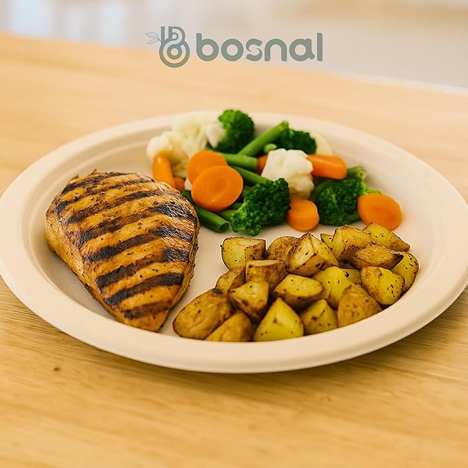 BOSNAL 10 inch & 7 inch Round Plates, 10 inch Oval Plates, 16 oz Bowls & 8 oz Cups with Lids & Cutlery – 100% Plant-Based Bagasse, Eco-Friendly, Compostable, Microwave Safe, Durable Dinnerware Set