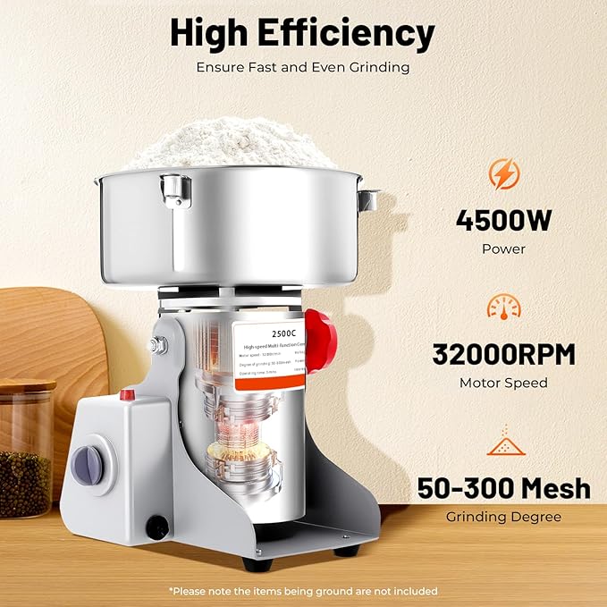 2500g Electric Grain Grinder Mill, 4500W Dry Cereals Pulverizer Commercial Superfine Grinding Machine High Speed Multi-Function Grain Grinder 50-300 Mesh Timing 1-5 Minutes (2500g/4500W)