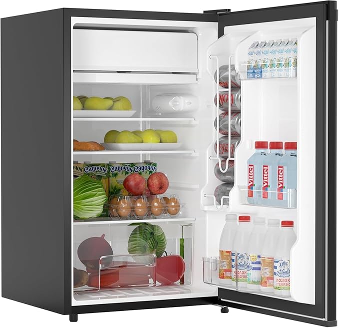Jojoka 4.3 Cu.ft Mini Fridge with Freezer, Single Door Small Refrigerator with Slide Out Glass Shelves, Compact Refrigerator for Bedroom, Office, Dorm