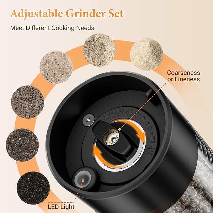 WOWBOX Electric Salt and Pepper Grinder Set 2 PCS, Automatic Coarseness, Rechargeable Salt and Pepper Shakers, Large Capacity Multifunctional, for Kitchen, Restaurant, Outdoor, BBQ (Black & White)