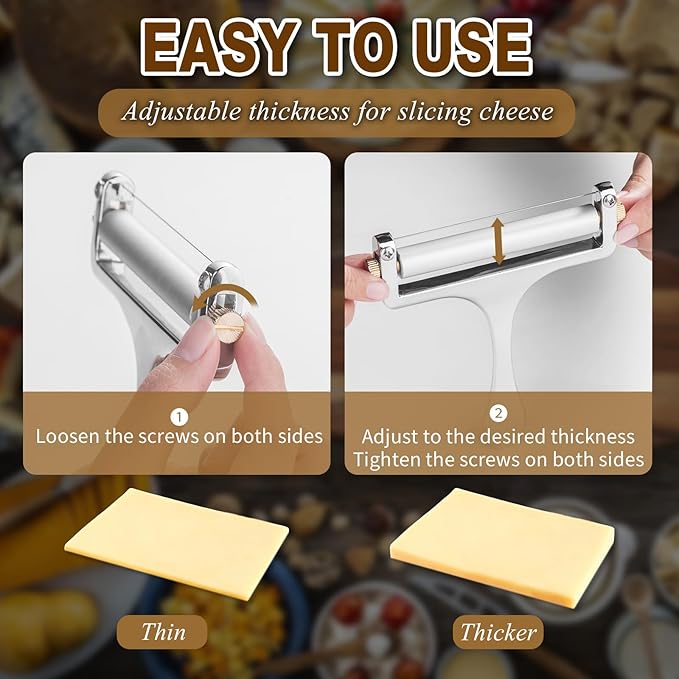 Stainless Steel Cheese Slicer - Professional Cutter for Raclette, Cheddar, Gruyere, Mozzarella Cheese Block Adjustable Thickness With 3 Extra Wires
