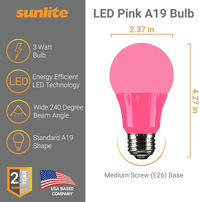 Sunlite 40473 LED A19 Colored Light Bulb, 3 Watts (25w Equivalent), E26 Medium Base, Non-Dimmable, UL Listed, Party Decoration, Holiday Lighting, 6 Count, Pink