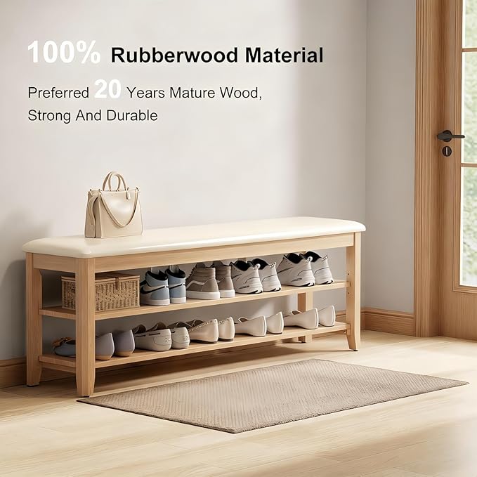 Shoe Bench Storage with Leather Cushion, Rustic Solid Wood Entryway Bench with 2 Height-Adjustable and Removable Shelves for Hallway, Living Room, Mudrooms (Natural Wood,47.2")