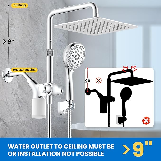 Ryamen Upgraded Dual Shower Heads Combo, 10 inch Filtered Shower Head with Handheld, 3-Way Rain Shower Head with Filters, 7 Settings Handheld Spray, High Pressure, Height Adjustable (Silver)