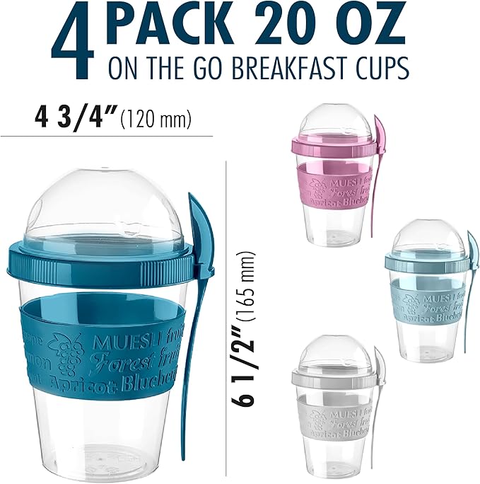 Hakan 20 oz Yogurt Parfait Cups with Lids - 4 Pack, Reusable Cups with Dome Lid and Spoon Yogurt Cups with Topping Compartment BPA-Free Plastic on the Go Cups in Special Box Overnight Oat Containers
