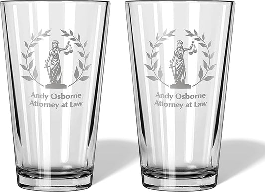 Alterd Industries Lawyer Gifts - Attorney Gift lawyer gifts for Men Court Case women office Pint Beer Whiskey Glasses Decanter Scales of Justice Law Office Esquire (Pair of Pint Glasses, Lady Justice)