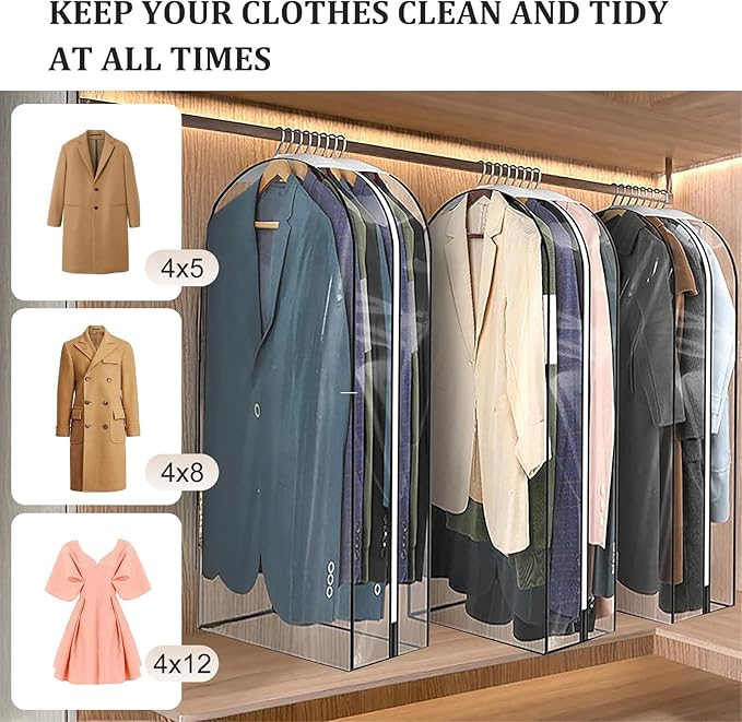 4 Pack 60" Clear Garment Bags for Hanging Clothes, with Smooth Side Zipper, Hanging Garment Bags for Closet Storage, Long, for Shirts, Coats, Dresses, Suits