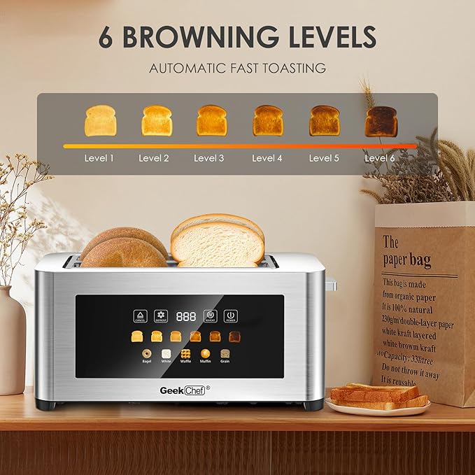 Geek Chef Touch Screen Toaster 4 Slice, 1.5" Extra Wide Slots for Bagels & Waffles, 6 Browning Levels, Timer, Reheat, Defrost, Cancel Function, Auto Shut-Off, Removable Crumb Tray, Stainless Steel