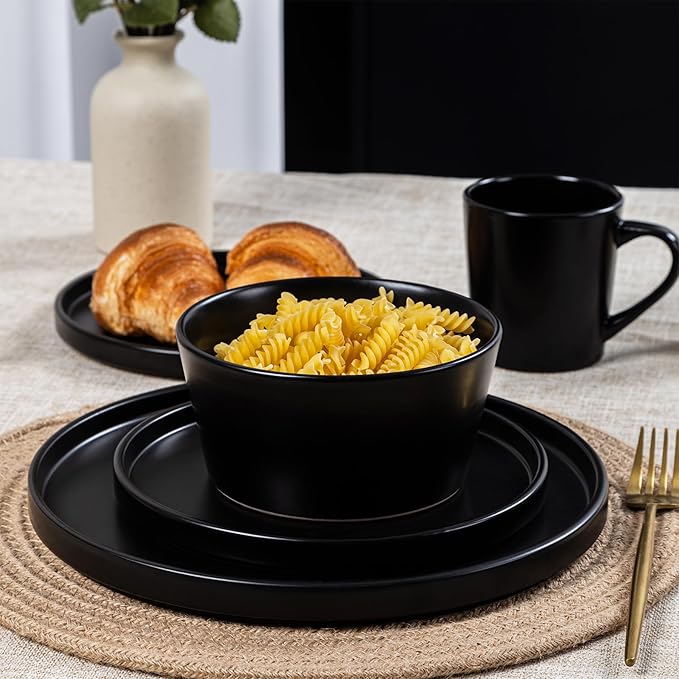 Plates and Bowls Sets for 4 - CJDC-QUELO 16 Piece Stoneware Dinnerware Sets with Mugs, Ceramic Dishware Sets for Kitchen Dining Use, Chip and Scratch Resistant Microwave Dishwasher Safe, Black