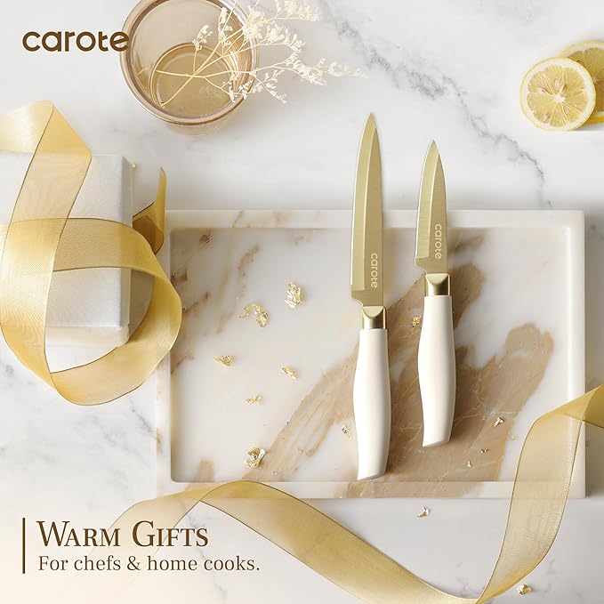 CAROTE 12PCS Kitchen Knife Set, Healthy Gold Titanium Coating Knife Set, Dishwasher Safe with 6 Blade Guards, Rustproof Stainless Steel Cutlery Set, White and Gold