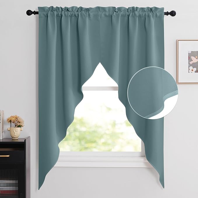 NICETOWN Blackout Curtains for Living Room, Thermal Insulated Swag Curtains for Bedroom Kitchen Window Country Short Window Covering for Office Bay Window, 1 Pair, 36" x 63" x 18", Greyish Blue