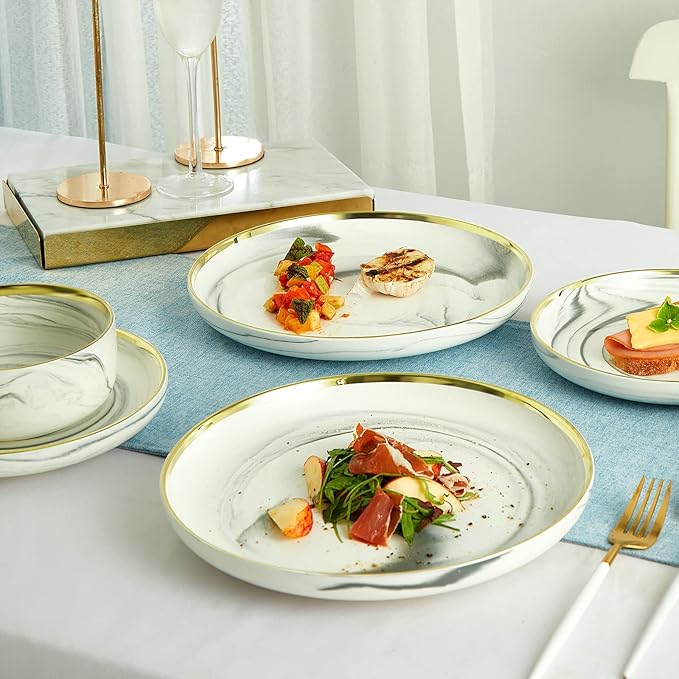Marble Gold Rim Dinnerware Sets, Porcelain Plates and Bowls Sets, Modern Luxury Dish Set for 4, White Grey China Dinner Set for Special Occasions, Hand Wash Quickly