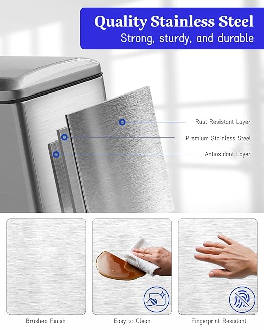 Large Bathroom Trash Can, 16.7L/ 4.4 Gallon Trash Can with Removable Wastebasket, Hand Free Garbage Can with Soft close Lid, Stainless Steel Skinny Trash Bin for Bedroom, Home Office, Silver