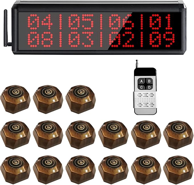 Restaurant Pager System 1600+ Feet Wireless Calling System with 1 Display Screen/1 Remote Control/15 Call Buttons for Restaurant Customer Service (400D+X1-15)