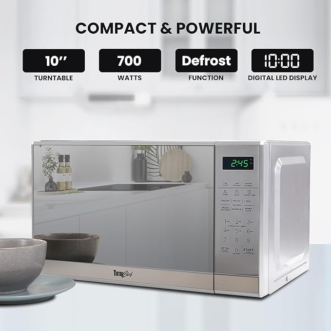 Total Chef 0.7 Cu Ft Microwave Oven – Compact Countertop Microwave, Small Stainless Steel Kitchen Appliance with Digital Touch, Pre-Set Functions, 10” Turntable, 700 Watt, Microondas Pequeños