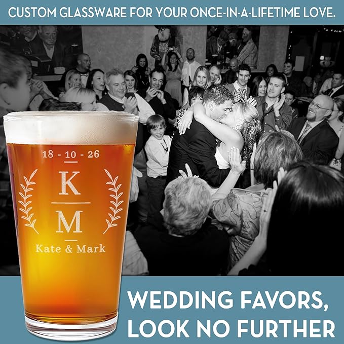 Personalized Pint Beer Glass 16oz 24 Pack – Custom Etched Drinking Glass with Your Logo – Bulk Laser Engraved Promotional Products for Business, Company Branding, Events, Weddings, Party Favors