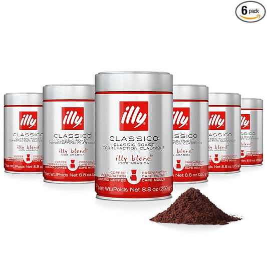 Illy Ground Drip Coffee - Classico Medium Roast - Mild & Balanced - 100% Arabica - Pre-Ground for Drip Pour Over - Pressurized Packaging Sealed for Freshness - 8.8oz (Pack of 6)