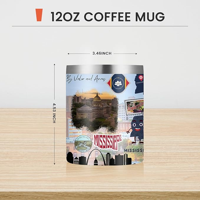 12oz Coffee Mug Mississippi State Insulated Coffee Cups, United States Map Travel Mug Landmark, Birthday Gifts Cute Mugs with Lid and Straw Mothers Day Gifts