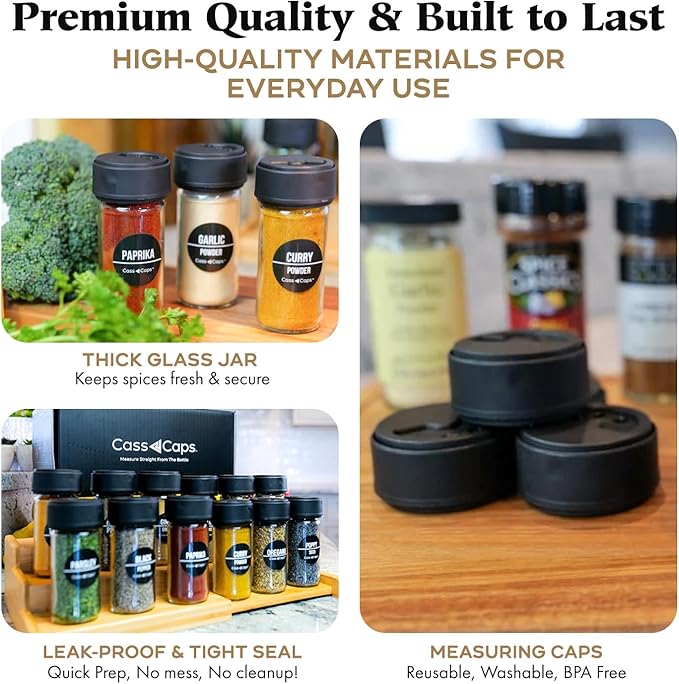 Spice Jars & Measuring Caps Set – Measure Straight from The Spice Jar! Faster Meal Prep, No Mess, No Clean Up. 12 Pack Holiday Special!
