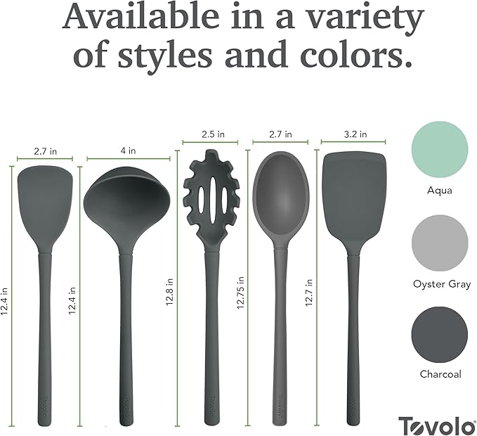 Tovolo Silicone Kitchen Utensils Set of 5 Solid Turner Spoon Pasta Claw Ladle and Scoopula Charcoal Gray Silicone Cooking Utensil Set Dishwasher Safe Heat Resistant BPA Free Non Toxic Utensil Set