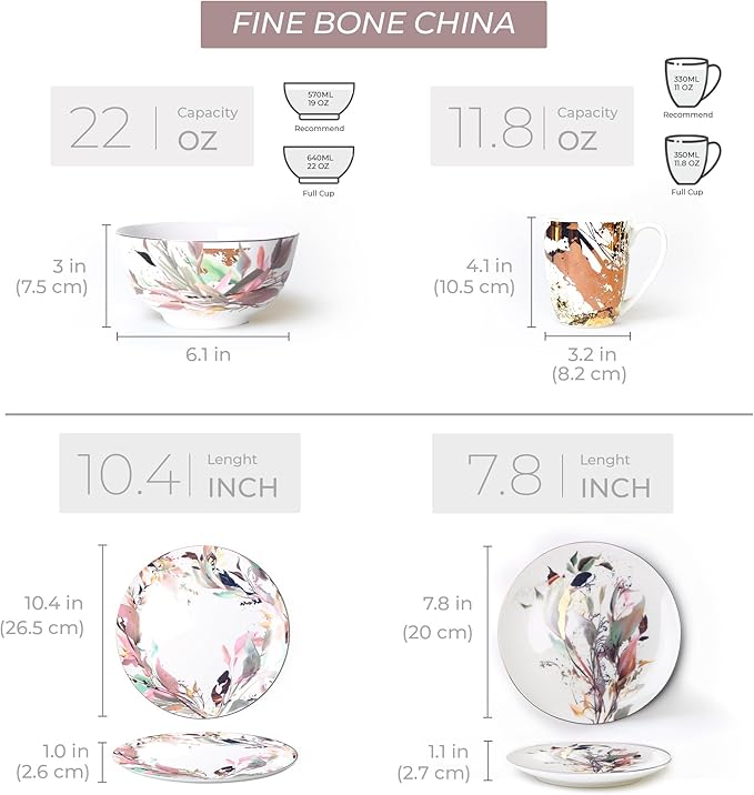 Pink & Gold Plates and Bowls Sets Dishes Set for 4, Ceramic Plates and Bowls Set, Service for 4, Bone China Dinnerware Set Salad Dessert Plates, and Cereal Bowls Set, Microwave safe by KOKEN