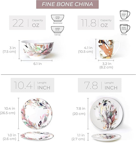 Pink & Gold Plates and Bowls Sets Dishes Set for 4, Ceramic Plates and Bowls Set, Service for 4, Bone China Dinnerware Set Salad Dessert Plates, and Cereal Bowls Set, Microwave safe by KOKEN