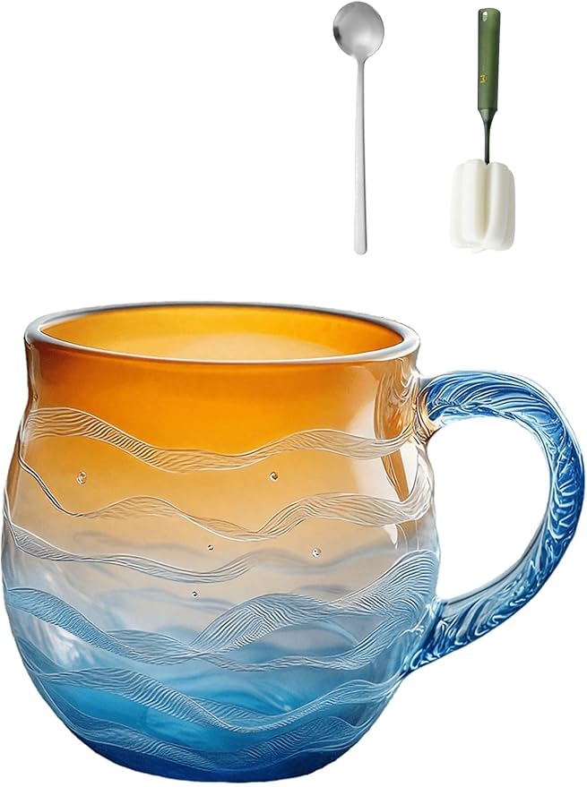 Golden Tide Mug,12 Oz/350ml Sea Glass Ocean Wave Mug,Handcrafted Oceans Frosted Wave Texture Sunset Cups with Handle,Gift for Ocean Lovers (1PCS)