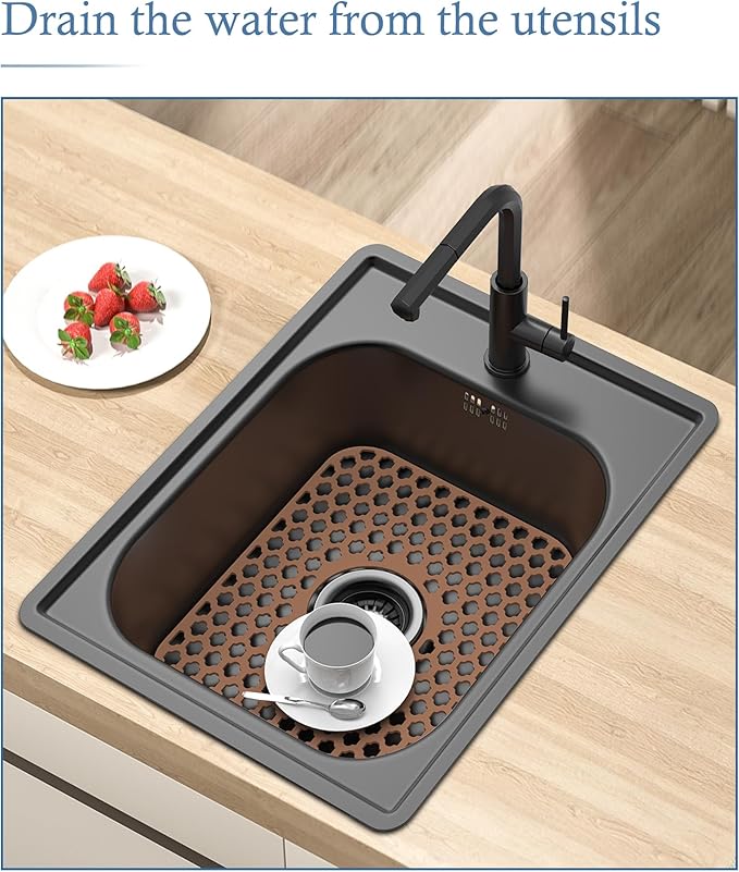 2 Pack Silicone Sink Protector for Kitchen Sink Bathroom, 13.58"x 11.6" Heat-resistant Sinks Mat, Non-Slip and Durable Sinks Protectors Silicone, Center Drain (Coffee)