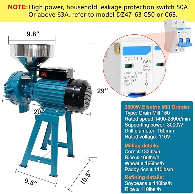 Grain Mills, Upgraded 3000W Wet Dry Cereals Grinder Electric Grain Grinder Corn Mill Heavy Duty 110V Commercial Grain Grinders Machine Rice Corn Grain Coffee Wheat Feed Mills with Funnel