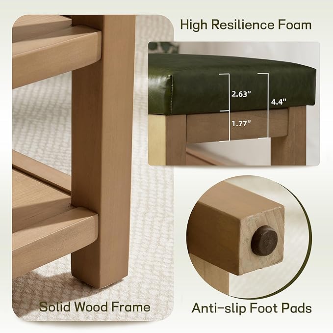 Shoe Rack Bench with Leather Cushion, 2 Tier Solid Wood Storage Bench, Mid-Century Modern Shoe Bench for Entryway, Hallway, Closet, Front Door Entrance, Foyer (Green, 39.4")