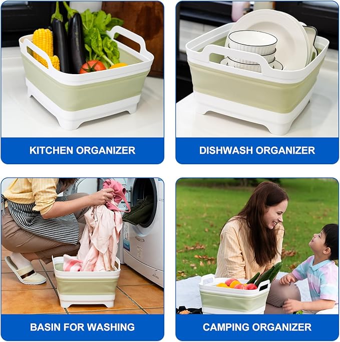 Collapsible Dish Basin, 2.4 Gallon Foldable Kitchen Sink with Drain Plug for Space-Saving Dish Washing, Vegetable & Baby Bottle Cleaning