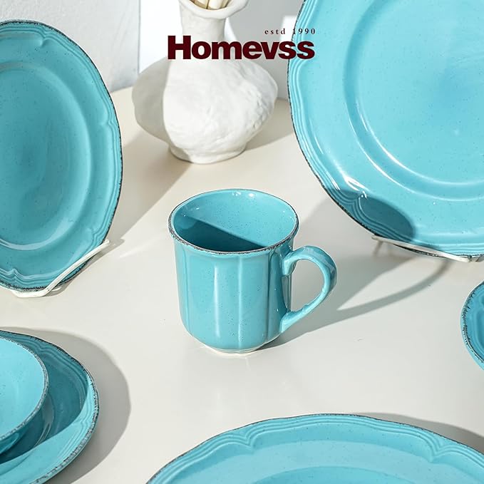 20pc Dinnerware Set, Plate and Bowl Set, Stoneware Dishes Set for 4, Microwave and Dishwahser Safe, Scratch Resistant, French Countryside Speckled Turquoise