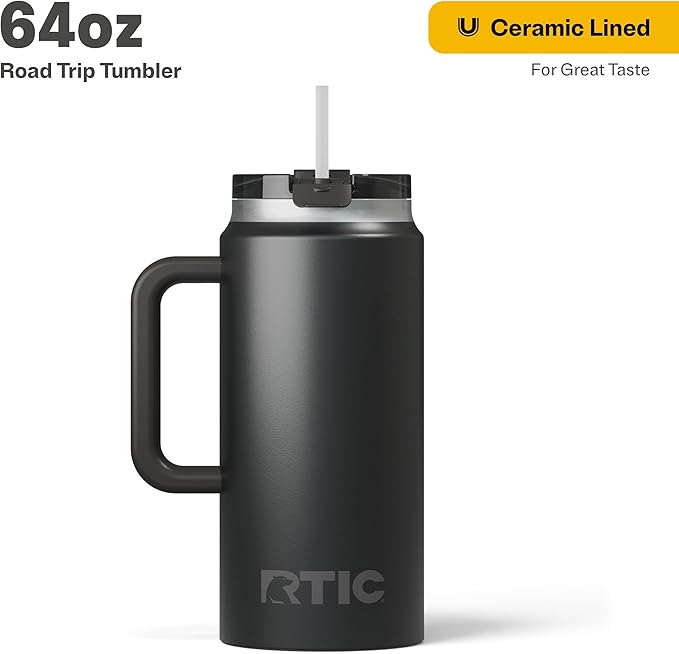 RTIC 64 oz Ceramic Lined Insulated Road Trip Tumbler, Leak-Resistant Lid, Black