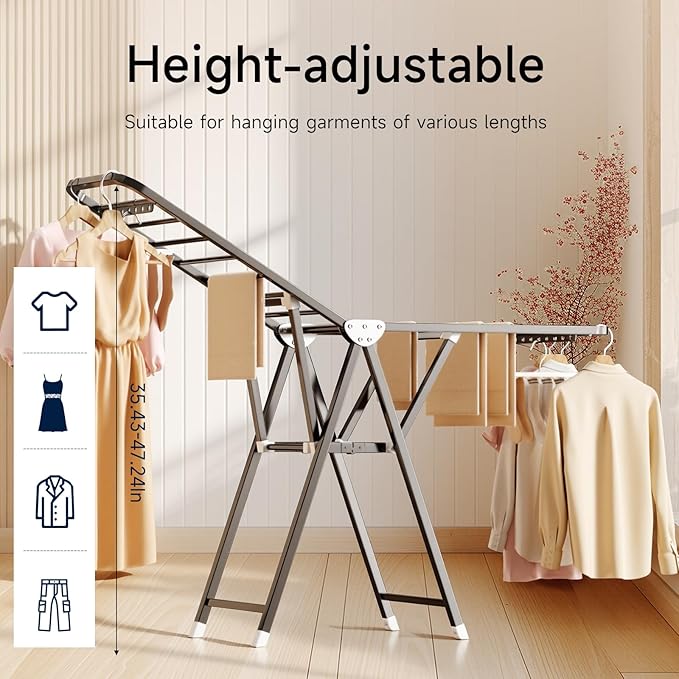 MIKEE Clothes Drying Rack,Stainless Steel Foldable Laundry Drying Rack for Indoor & Outdoor Use，with Height-Adjustable Wings，2-Tier Clothes Rack with Windproof Hanging Holes and Wheels，132 lbs