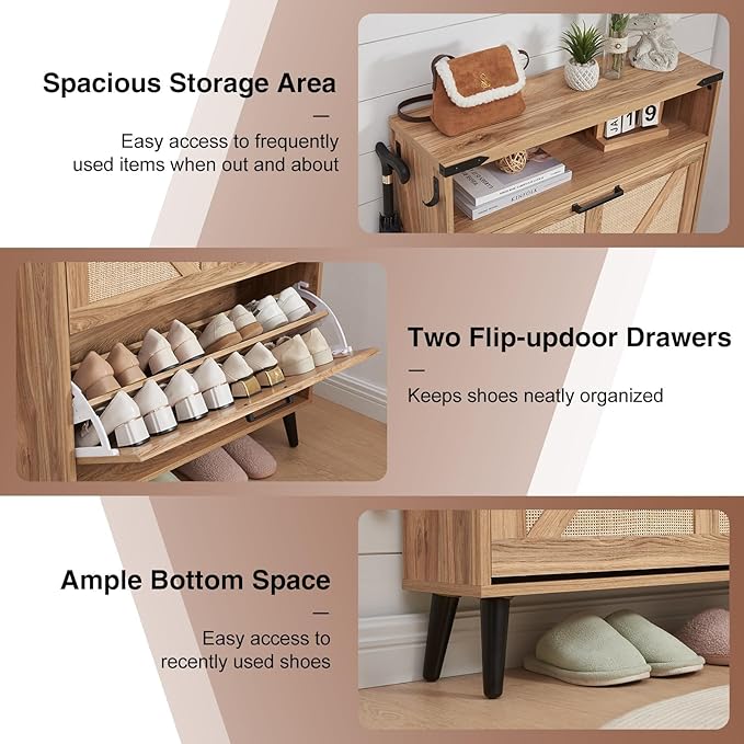 Shoe Storage Cabinet, Boho Rattan Shoe Organizer with 2 Flip Drawers,Farmhouse Freestanding Hidden Slim Narrow Shoe Rack Cabinet with Open Shelves for Entryway, Foyer,Hallway, Natural