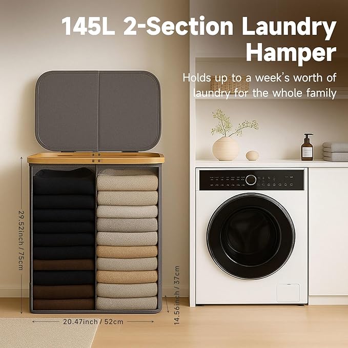 145L Double Laundry Basket with Lid, 2 Section Dirty Clothes Hamper with 2 Removable Bags for Bedroom, Bathroom, Dorm, Gray