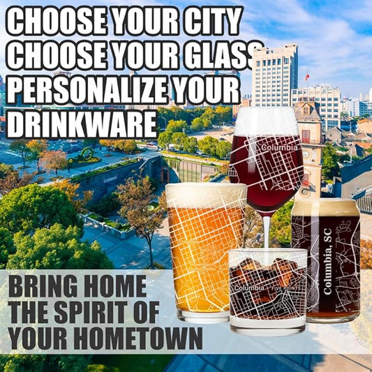 Blue Ridge Mountain Gifts - Columbia Souvenir - South Carolina Glassware Gift, Etched City Map, Laser Engraved and Dishwasher Safe