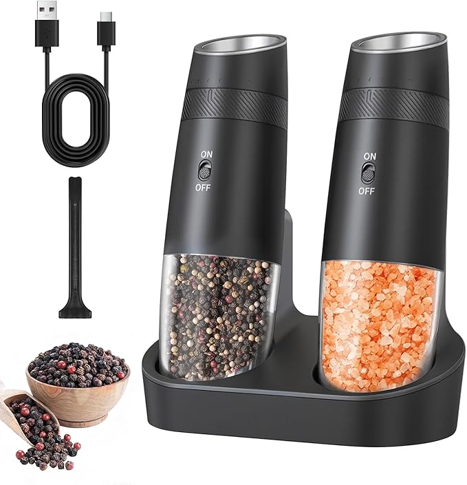 Gravity Electric Salt and Pepper Grinder Set, Automatic Shakers Pepper Mill with Rechargeable Base, External Adjustable Coarseness, LED Light, Easy Refill for Kitchen, Outdoor, Gift Giving(Black)